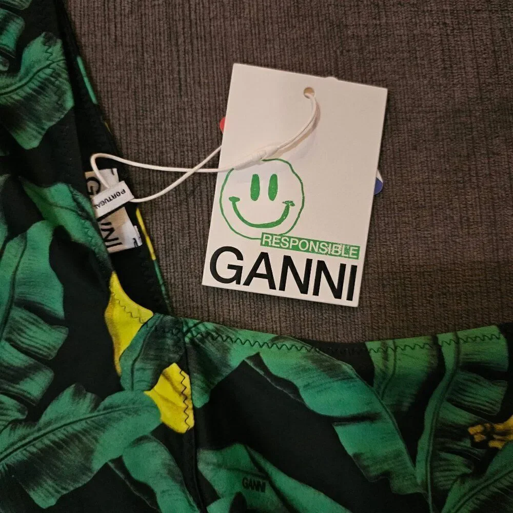 Ganni Women's Green Banana Tree-Print Recycled Belted One-Piece Swimsuit Size 52
